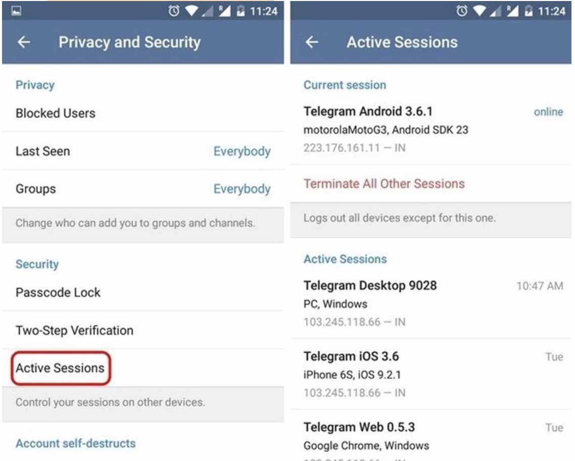 How to view active sessions in Telegramм